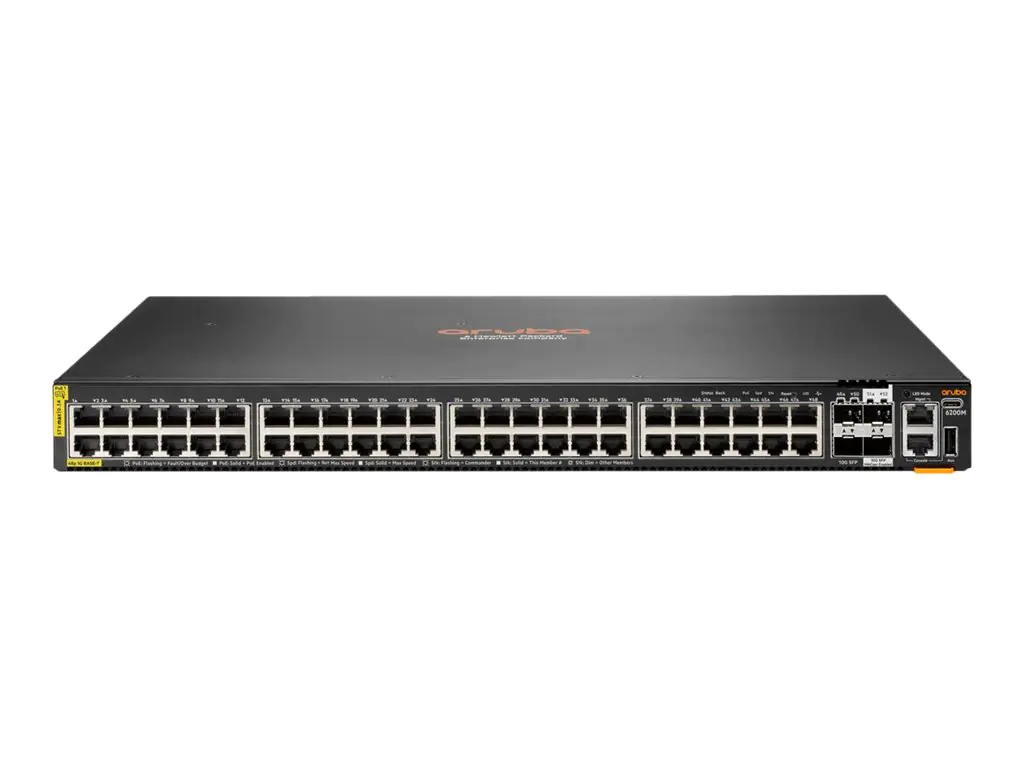 HPE Aruba 6200M 48G Class4 PoE 4SFP+ Switch - Switch - max. Stapelentfernung 10 km - L3 - managed - 48 x 10/100/1000 (PoE+) + 4 x 1 Gigabit / 10 Gigabit SFP+ (Uplink / Stacking) - Front und Seite zu Hinterseite - an Rack montierbar - PoE+ (1440 W) - BTO