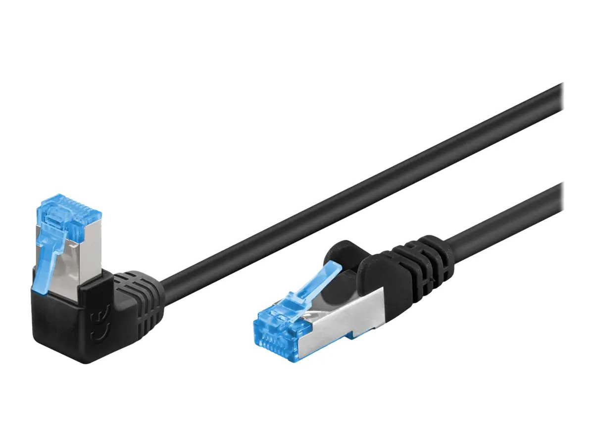 goobay - Patch-Kabel - RJ-45 (M) gewinkelt zu RJ-45 (M) gerade - 1 m - 6 mm - SFTP, PiMF - CAT 6a - halogenfrei, rund, verseilt - Schwarz
