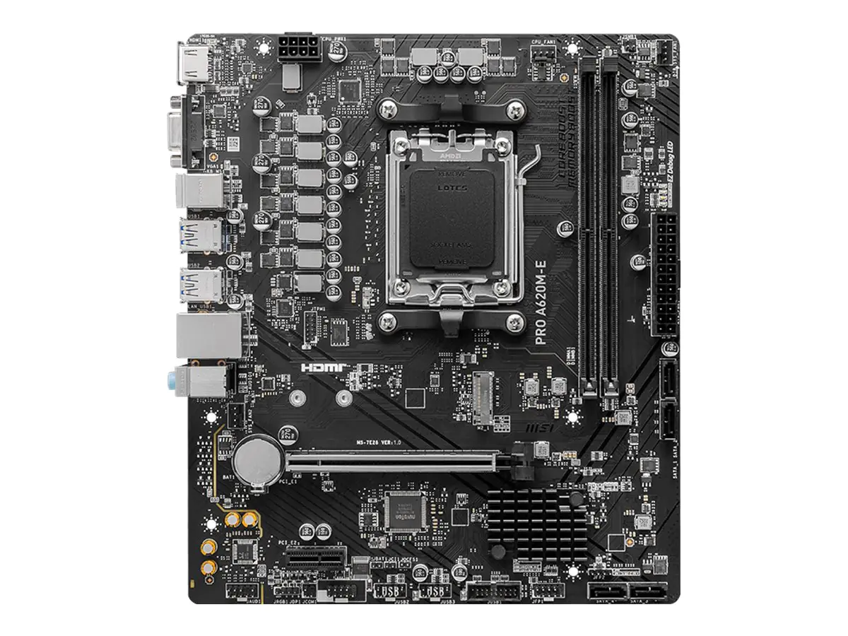 MSI PRO A620M-E - Motherboard - micro ATX - Socket AM5 - AMD A620 Chipsatz - USB 3.2 Gen 1 - Gigabit LAN - Onboard-Grafik (CPU erforderlich) - HD Audio (8-Kanal)