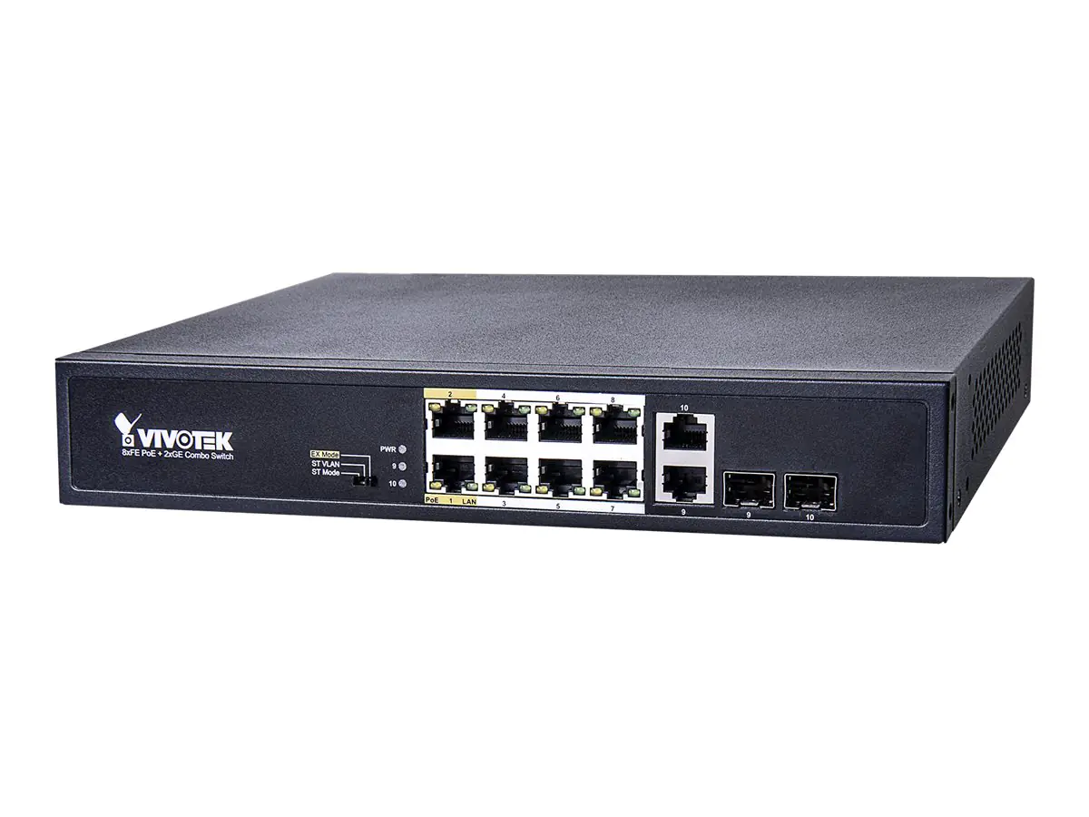 Vivotek AW-FGT-100D-120 - Switch - unmanaged - 8 x 10/100 (PoE+) + 2 x Kombi-Gigabit-SFP - Desktop, an Rack montierbar - PoE+ (115 W)