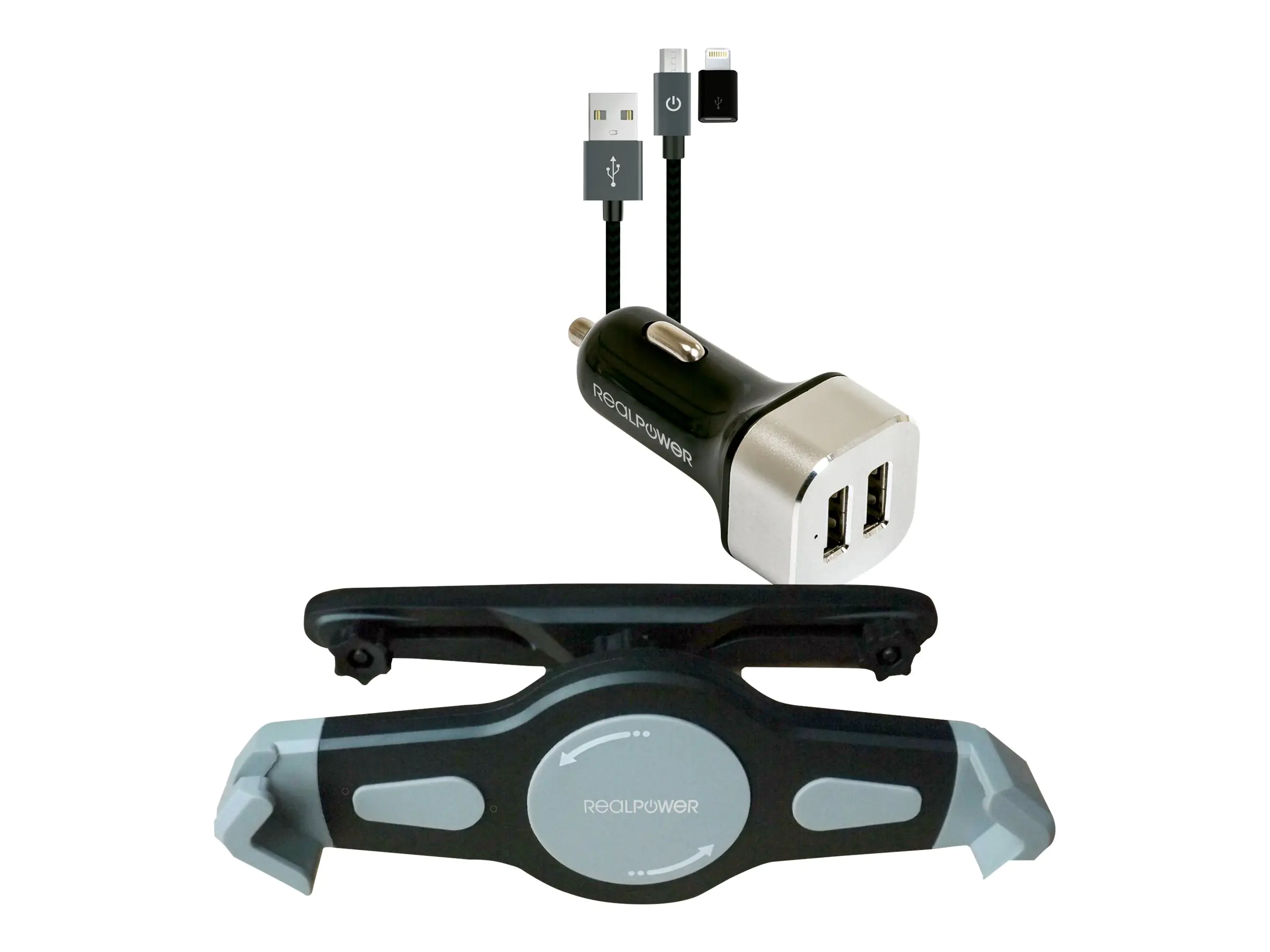Realpower Tablet Car Set - Auto-Netzteil - 2.4 A - 2 Ausgabeanschlussstellen (2 x USB) - auf Kabel: Micro-USB, Lightning