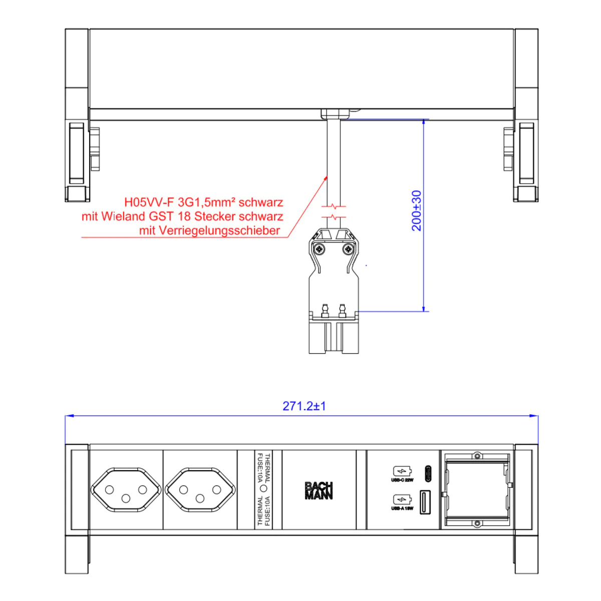 Bachmann DESK 2 - Steckdosenleiste - Eingabe, Eingang GST18 - Ausgangsanschlüsse: 2 (USB, 24 pin USB-C, 2 x T13) 902.910