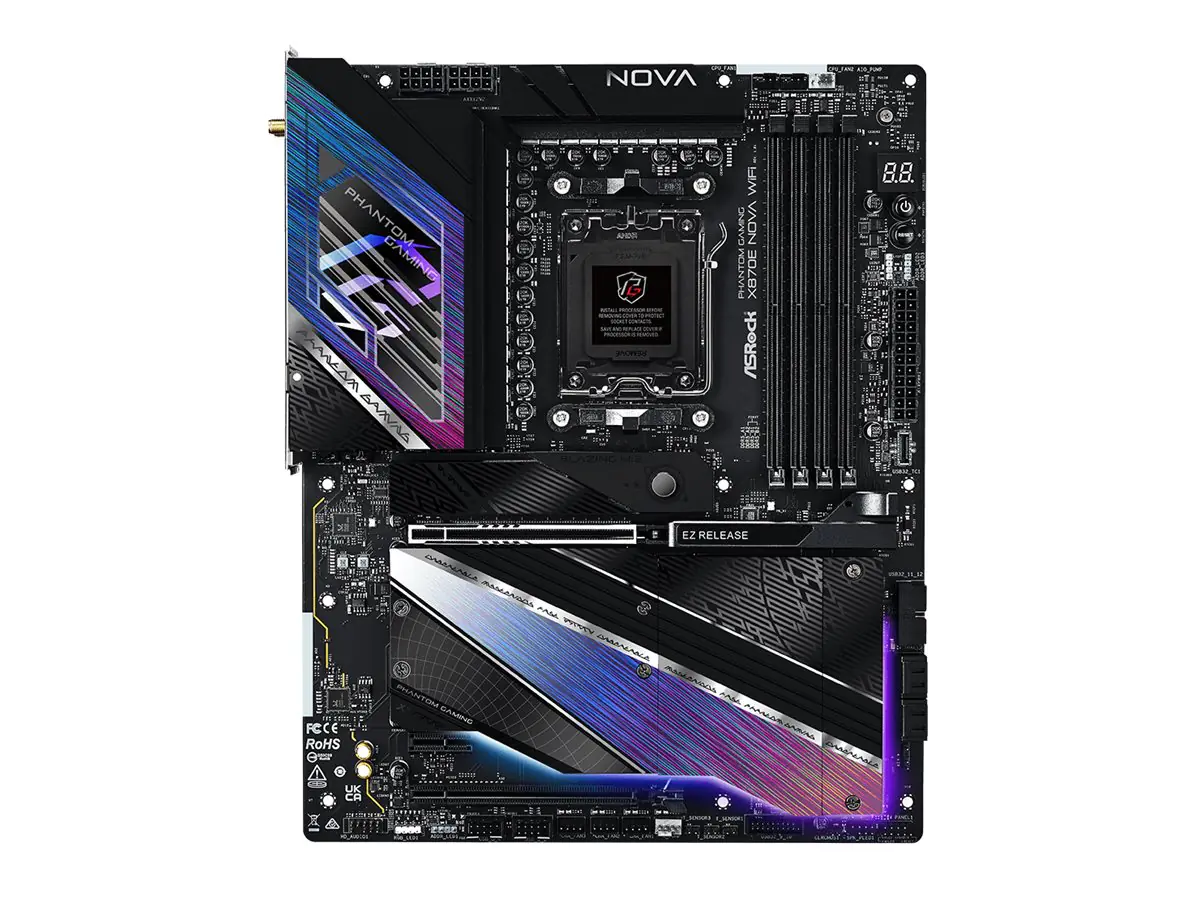 ASRock Phantom Gaming X870E NOVA WiFi - Motherboard - ATX - Socket AM5 - AMD X870E Chipsatz - USB4, USB 3.2 Gen 1, USB 3.2 Gen 2, USB-C 3.2 Gen 2x2 - 5 Gigabit Ethernet, Wi-Fi 7, Bluetooth - Onboard-Grafik (CPU erforderlich) - HD Audio (8-Kanal)