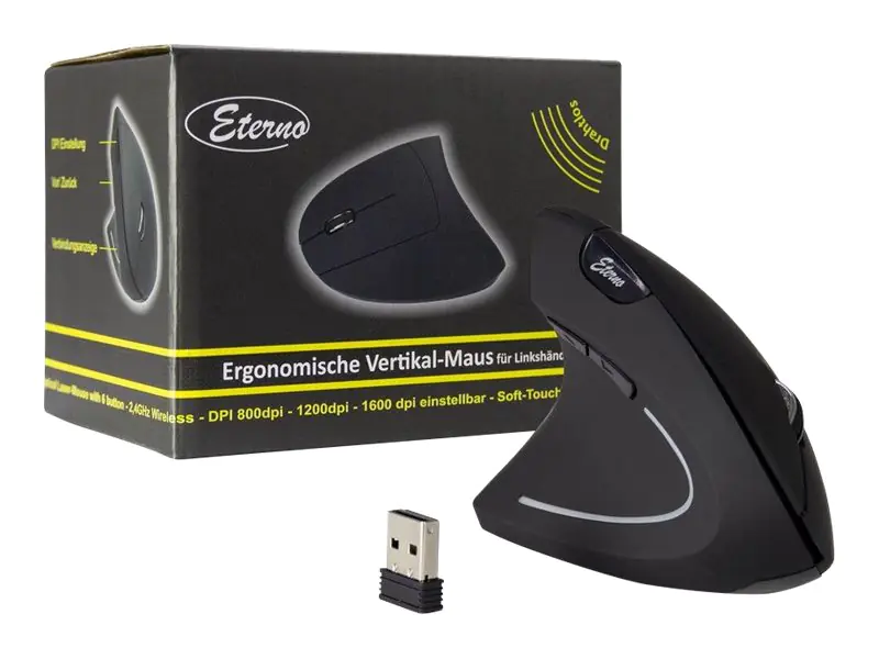 Inter-Tech Eterno KM-206L - Vertikale Maus - ergonomisch - Für Linkshänder - 6 Tasten - kabellos - 2.4 GHz - kabelloser Empfänger (USB) 88884102