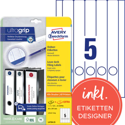 Avery Zweckform Ordneretikett L4758-25 38x297mm ws 150 St./Pack Avery Zweckform Ordneretikett L4758-25 38x297mm ws 150 St./Pack