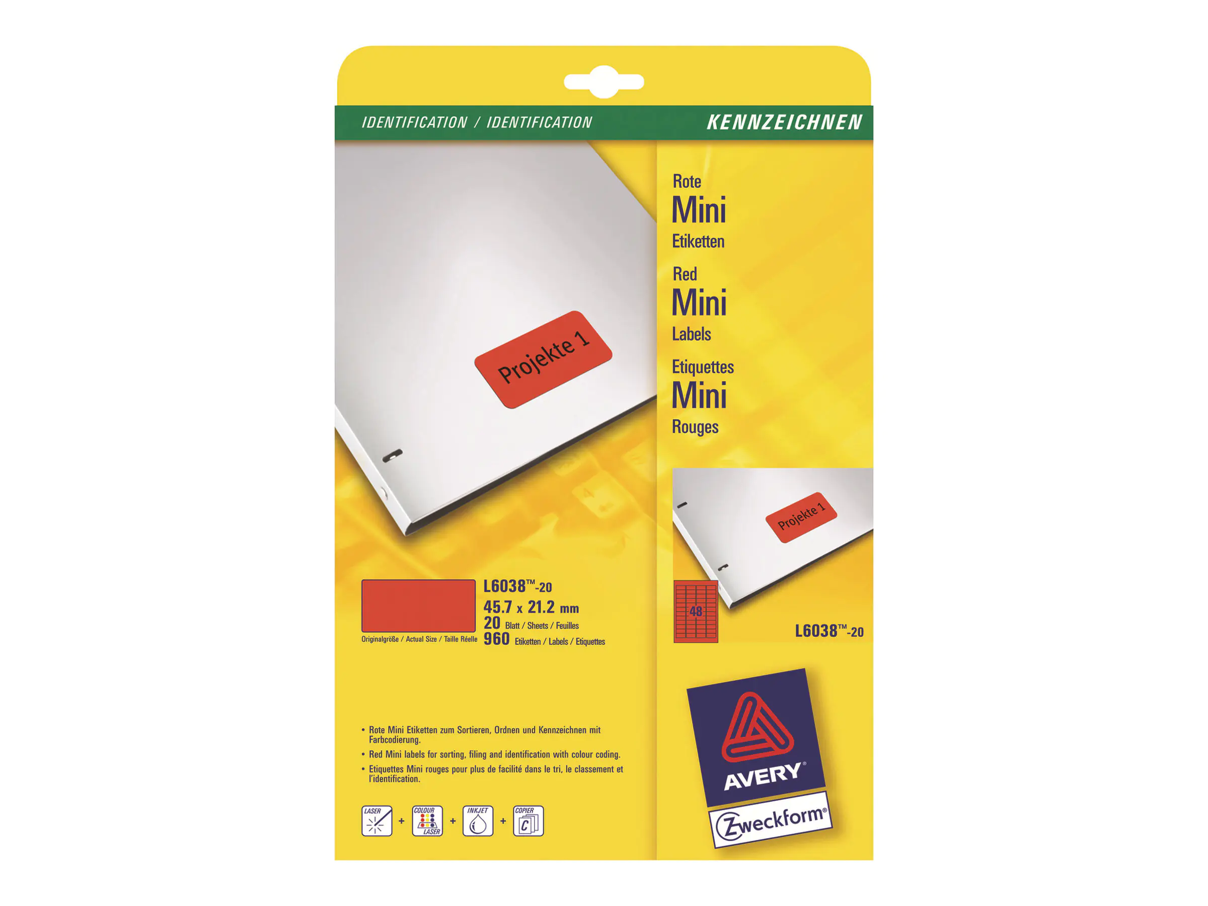 Avery Zweckform Etikett L6038-20 45,7x21,2mm rot 960 St./Pack.