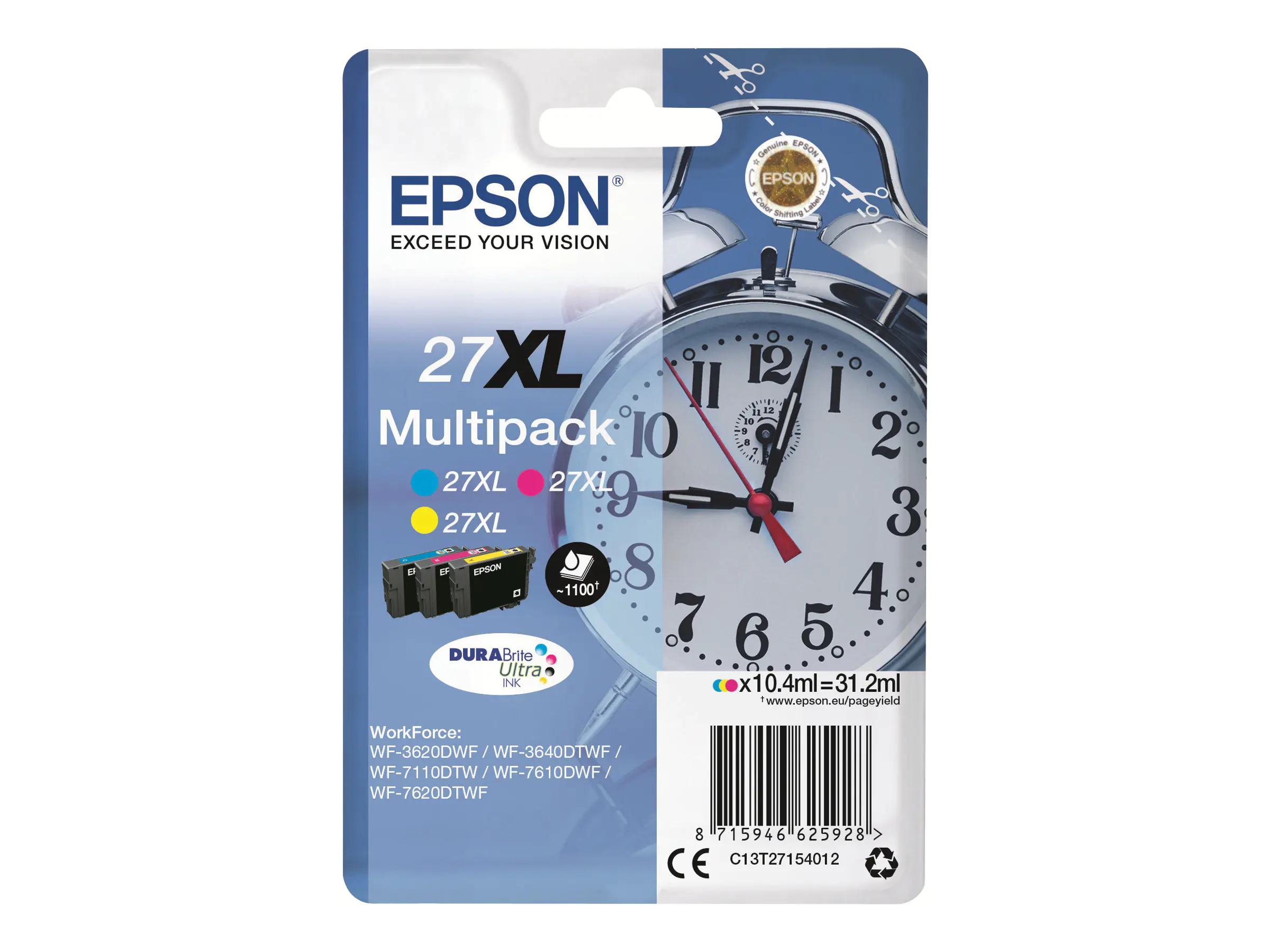 Epson 27XL Multipack - 3er-Pack - 31.2 ml - XL - Gelb, Cyan, Magenta - Original - Tintenpatrone - für WorkForce WF-3620, WF-3640, WF-7110, WF-7210, WF-7610, WF-7620, WF-7710, WF-7715, WF-7720