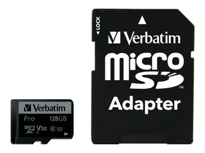 Verbatim PRO - Flash-Speicherkarte (microSDXC-an-SD-Adapter inbegriffen) - 128 GB - Video Class V30 / UHS-I U3 / Class10 - 300x/600x - microSDXC UHS-I