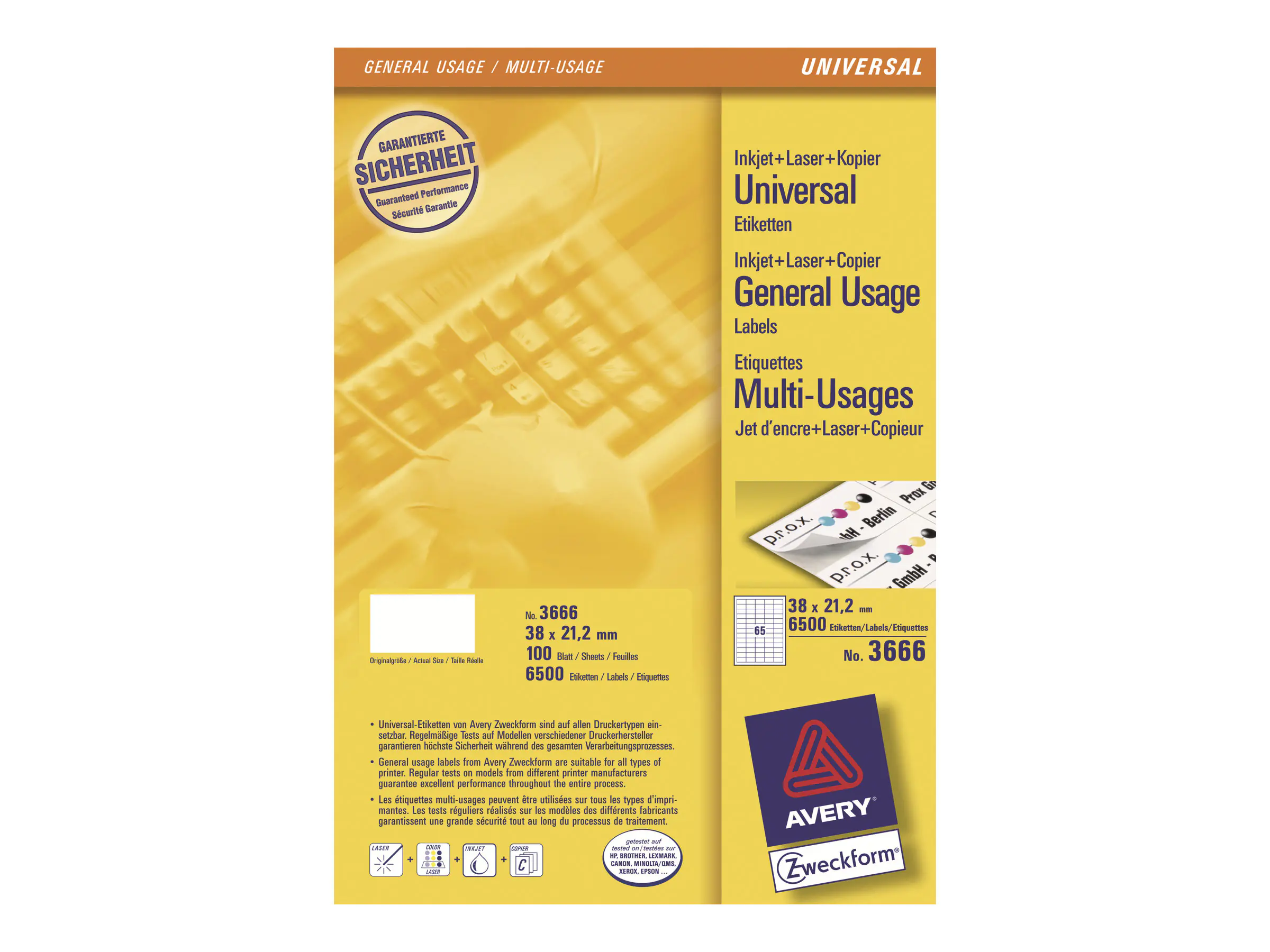 Avery Zweckform Universaletikett 3666 38x21,2mm weiß 6.500 St./Pack.
