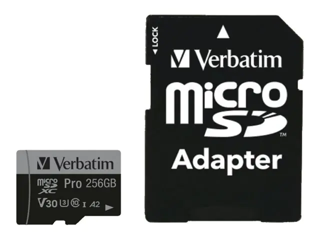 Verbatim PRO U3 - Flash-Speicherkarte (microSDXC-an-SD-Adapter inbegriffen) - 256 GB - A2 / UHS-I U3 / Class10 - microSDXC UHS-I Verbatim PRO U3 - Flash-Speicherkarte (microSDXC-an-SD-Adapter inbegriffen) - 256 GB - A2 / UHS-I U3 / Class10 - microSDXC UHS-I