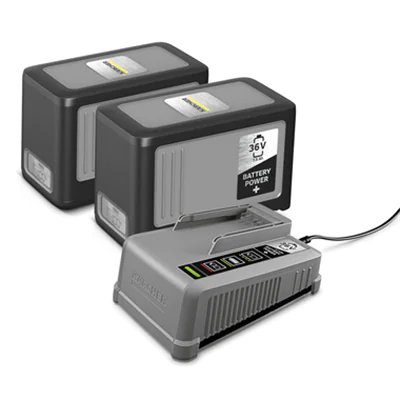 Kärcher Akkuladegerät Starter Kit Battery Power+ 36/75 2 x 36 V / 7,5 Ah Battery Power+ Akku 36 V Kärcher Battery Power+/-Wechselakkus 80 %: 1,42h 100-240V 50-60Hz