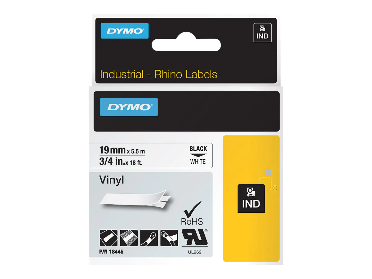 DYMO IND - Vinyl - Schwarz auf Weiß - Roll (1.9 cm x 5.5 m) 1 Rolle(n) Etiketten - für Rhino 4200, 4200 Kit, 5200, 5200 Hard Case Kit; RhinoPRO 6000 DYMO IND - Vinyl - Schwarz auf Weiß - Roll (1.9 cm x 5.5 m) 1 Rolle(n) Etiketten - für Rhino 4200, 4200 Kit, 5200, 5200 Hard Case Kit; RhinoPRO 6000