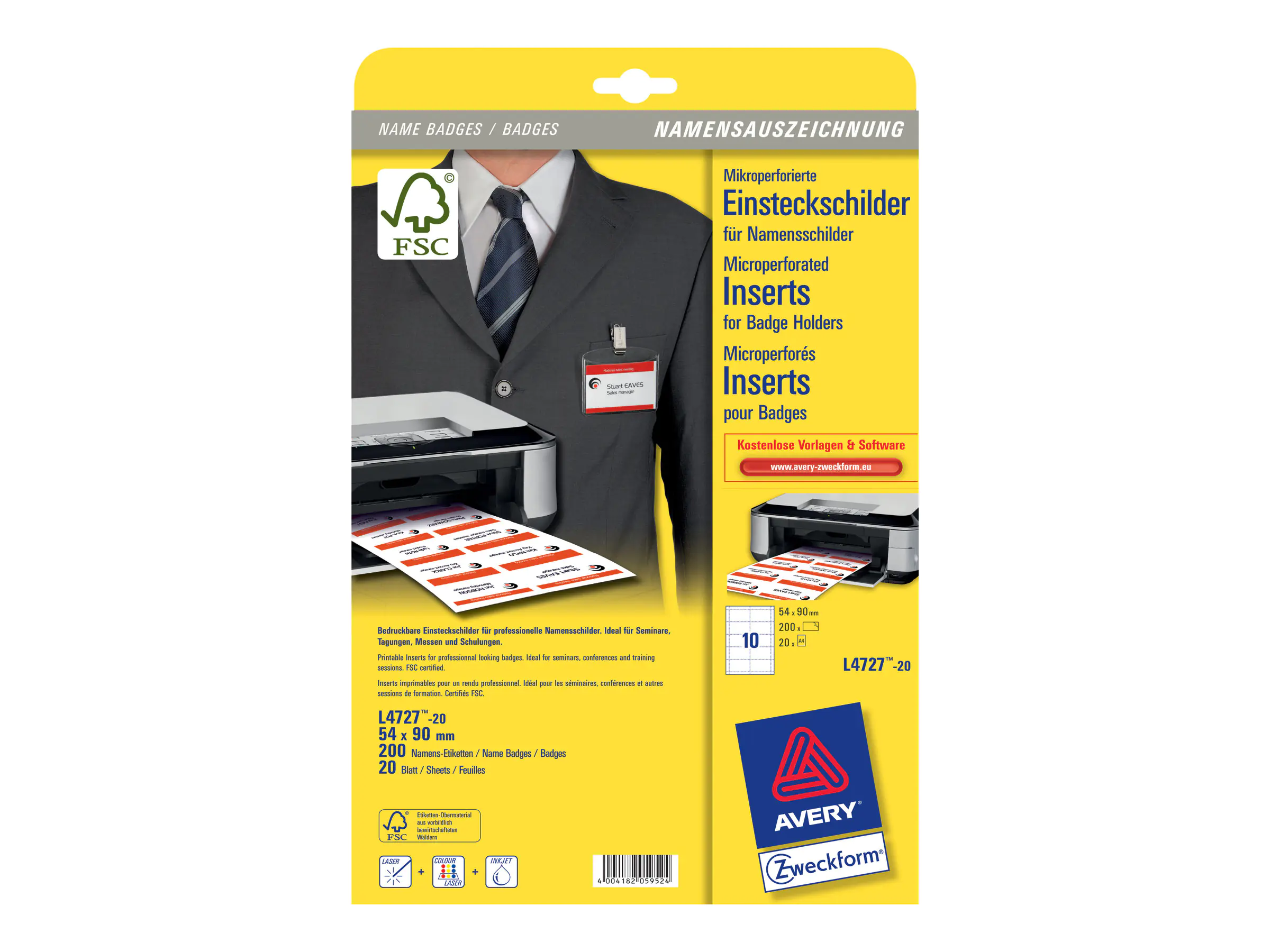 Avery Zweckform Einsteckschild L4727-20 54x90mm 200St