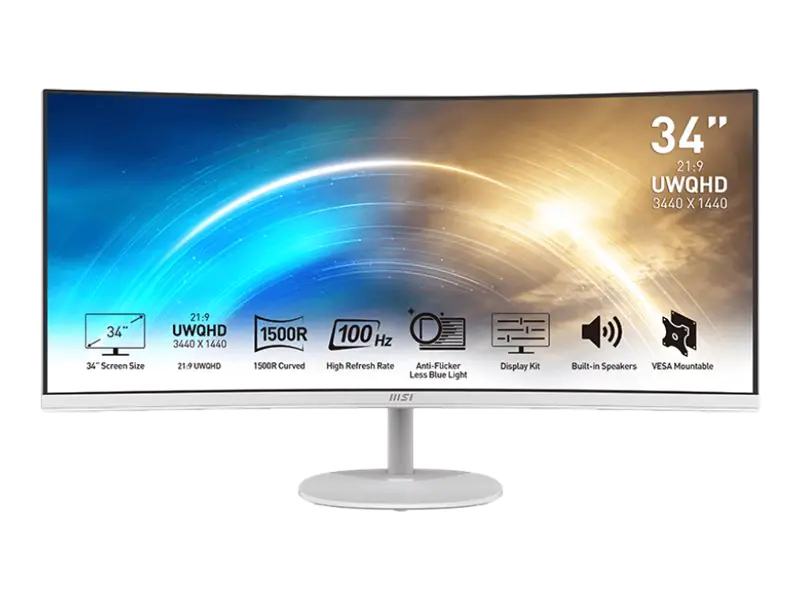 MSI PRO MP341CQWDE - LED-Monitor - gebogen - 86.4 cm (34") - 3440 x 1440 UWQHD @ 100 Hz - VA - 300 cd/m² - 3000:1 - 4 ms - 2xHDMI, DisplayPort - Lautsprecher - weiß MSI PRO MP341CQWDE - LED-Monitor - gebogen - 86.4 cm (34") - 3440 x 1440 UWQHD @ 100 Hz - VA - 300 cd/m² - 3000:1 - 4 ms - 2xHDMI, DisplayPort - Lautsprecher - weiß