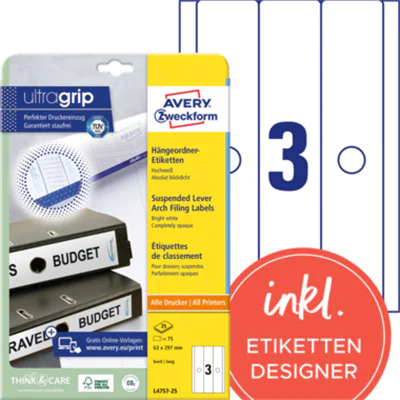 Avery Zweckform Ordneretikett L4757-25 63x297mm ws 75 St./Pack. Avery Zweckform Ordneretikett L4757-25 63x297mm ws 75 St./Pack.