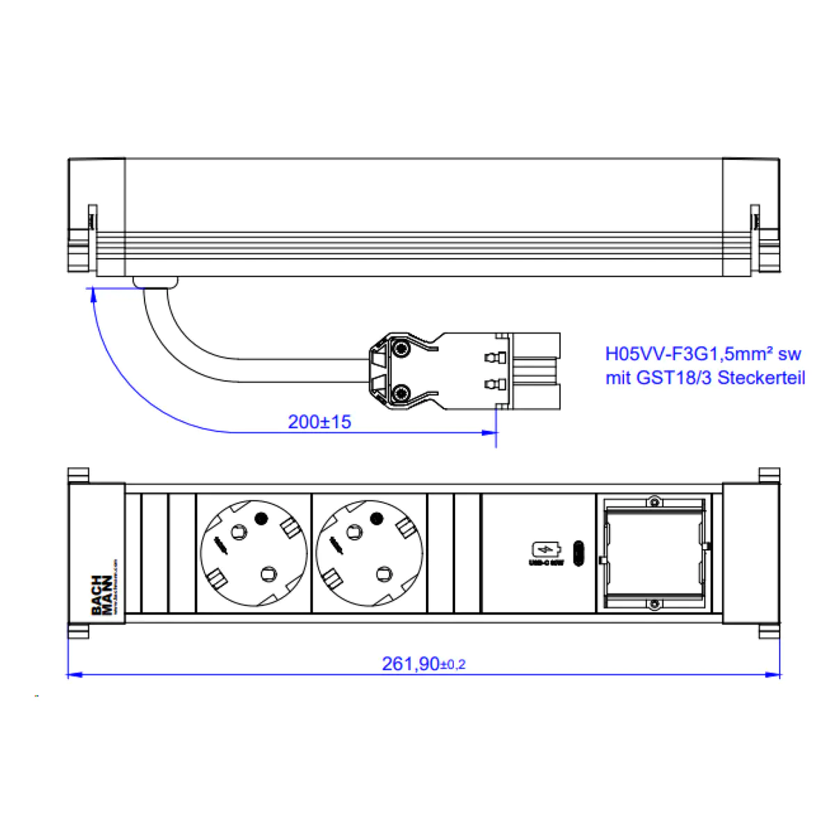 Bachmann POWER FRAME M 2xCEE7/3916.5071xUSB C 30W 1xCM 0,2m GST18 Bachmann POWER FRAME M 2xCEE7/3916.5071xUSB C 30W 1xCM 0,2m GST18