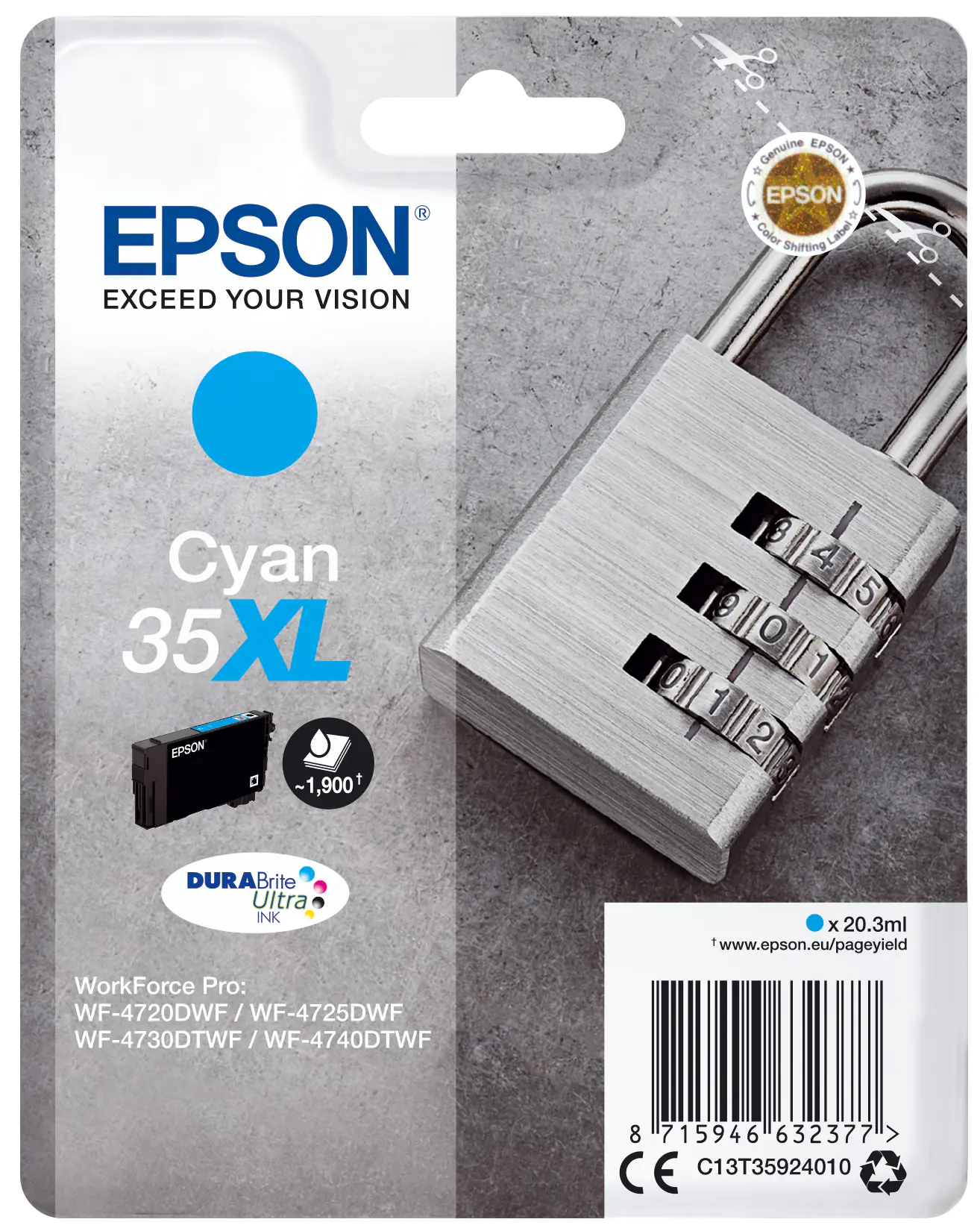 Epson 35XL - 20.3 ml - XL - Cyan - Original - Blisterverpackung - Tintenpatrone - für WorkForce Pro WF-4720, WF-4720DWF, WF-4725DWF, WF-4730, WF-4730DTWF, WF-4740, WF-4740DTWF