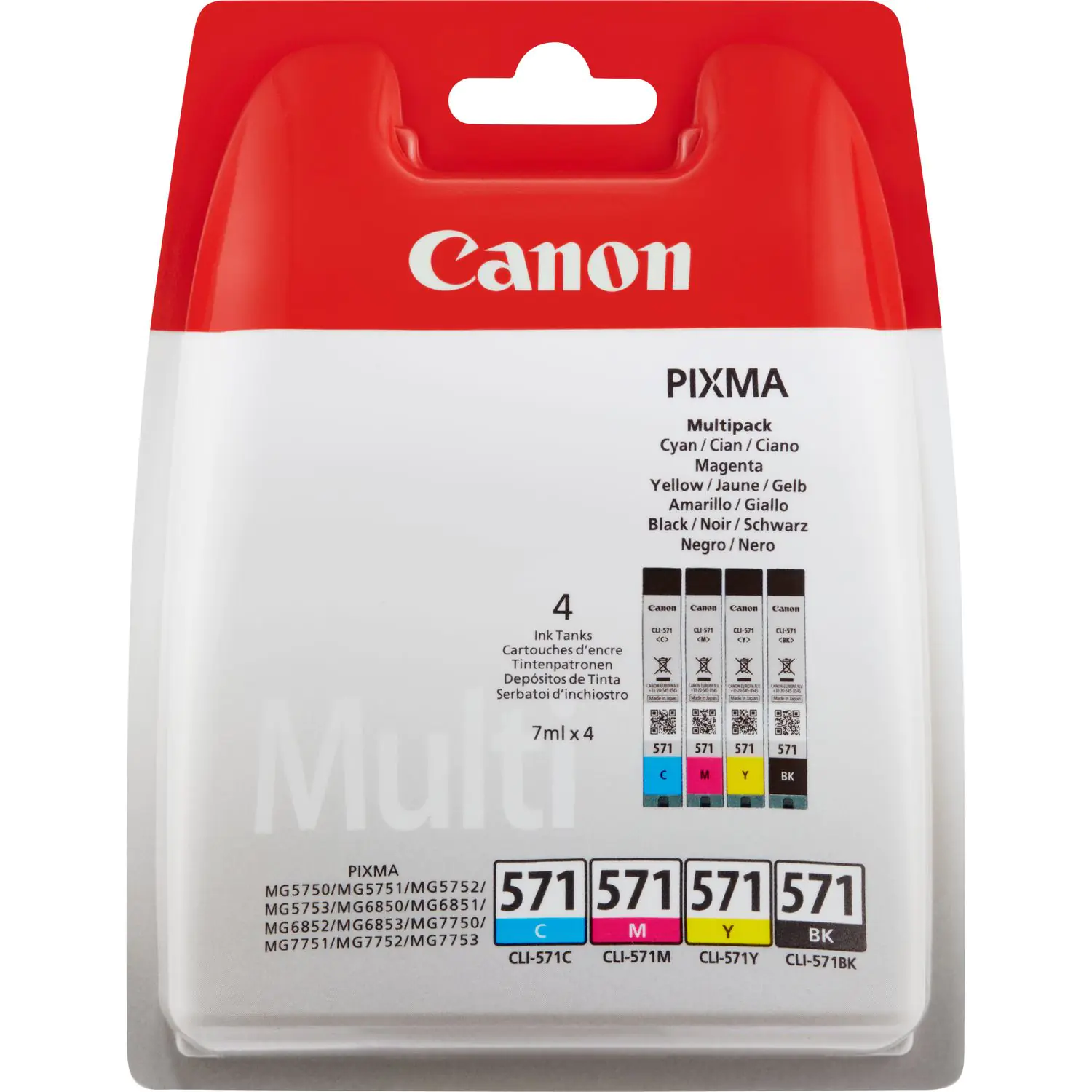 Canon CLI-571 C/M/Y/BK Multipack - 4er-Pack - 7 ml - Schwarz, Gelb, Cyan, Magenta - Original - Blister mit Diebstahlsicherung - Tintenbehälter - für PIXMA TS5051, TS5053, TS5055, TS6050, TS6051, TS6052, TS8051, TS8052, TS9050, TS9055
