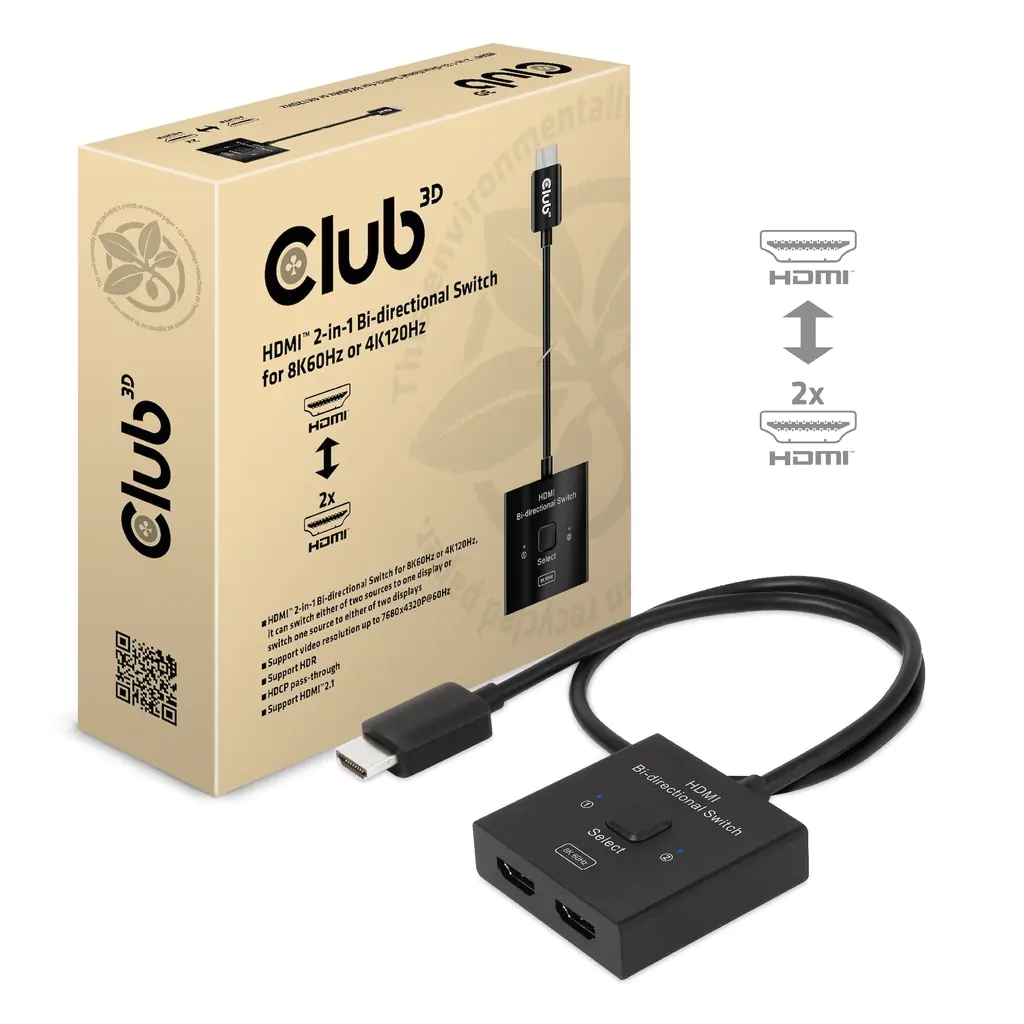Club 3D HDMI 2-in-1 bi-direktionaler Switch für 8K60Hz oder 4K120Hz CSV-1384