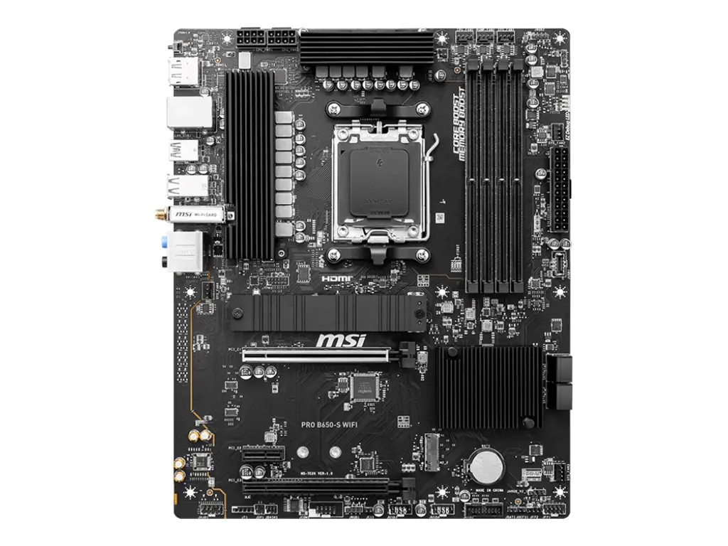 MSI PRO B650-S WIFI - Motherboard - ATX - Socket AM5 - AMD B650 Chipsatz - USB 3.2 Gen 1, USB 3.2 Gen 2, USB-C 3.2 Gen2, USB-C 3.2 Gen 2x2 - 2.5 Gigabit LAN, Wi-Fi 6E, Bluetooth - Onboard-Grafik (CPU erforderlich) - HD Audio (8-Kanal)