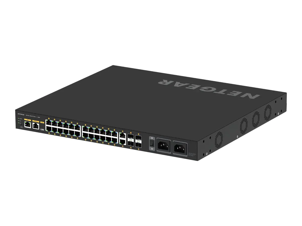 NETGEAR AV Line M4250-26G4F-PoE++ - Switch - L3 - managed - 24 x 10/100/1000 (PoE++) + 2 x 10/100/1000 + 4 x 1000Base-X SFP - Seite-zu-Seite-Luftstrom - an Rack montierbar - PoE++ (1440 W)