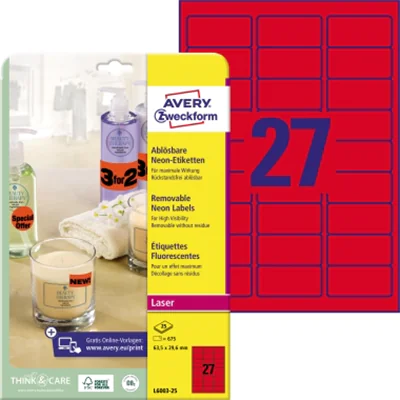 Avery Zweckform Etikett L6003-25 63,5x29,6mm neonrot 675 St./Pack. Avery Zweckform Etikett L6003-25 63,5x29,6mm neonrot 675 St./Pack.