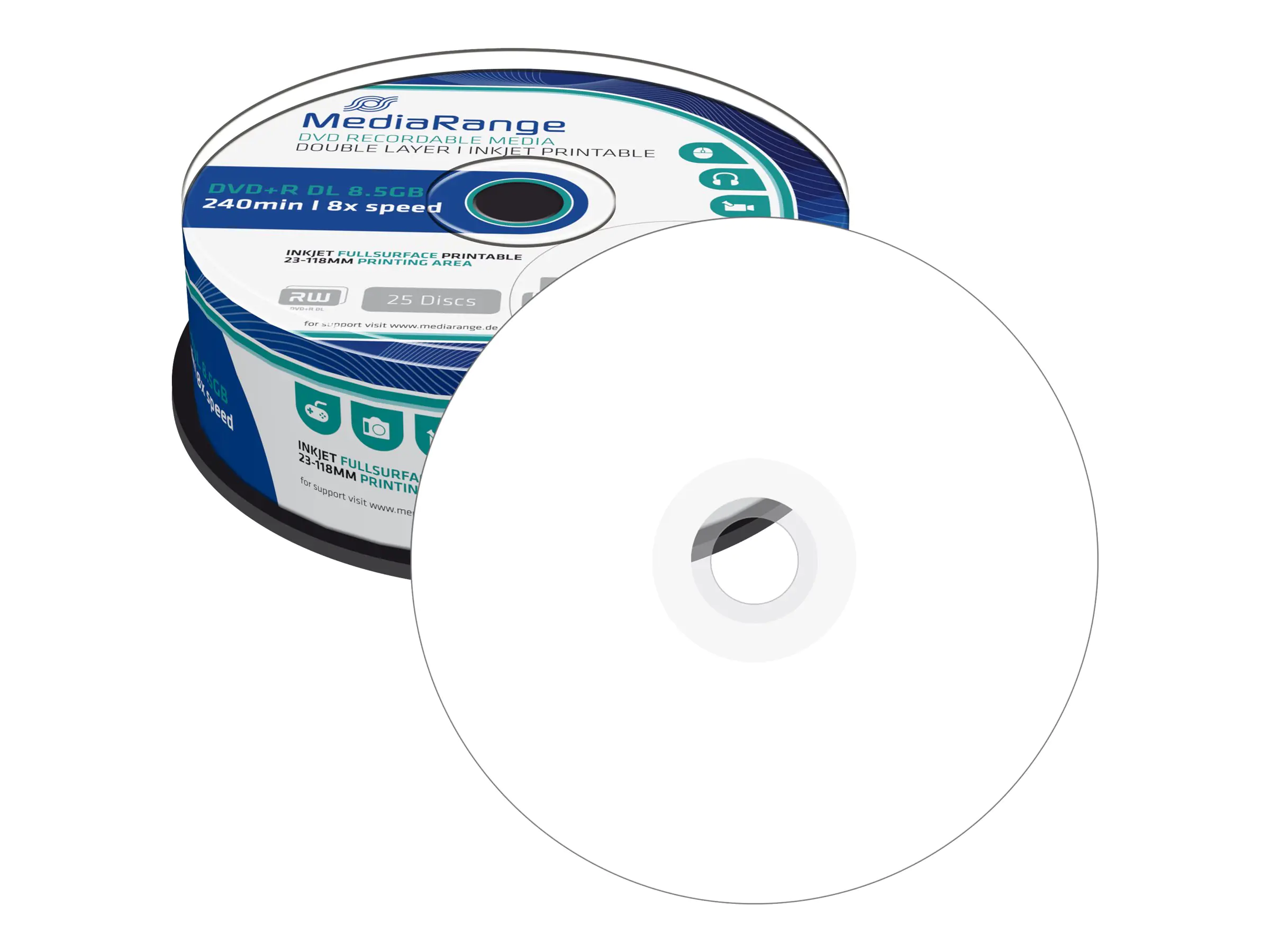 MediaRange - 25 x DVD+R DL - 8.5 GB (240 Min.) 8x - weiß - mit Tintenstrahldrucker bedruckbare Oberfläche - Spindel