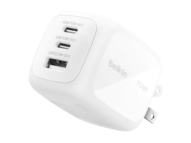 Belkin BoostCharge Pro - Netzteil - GaN - 70 Watt - PD 3.1/PPS - 3 Ausgabeanschlussstellen (2 x USB-