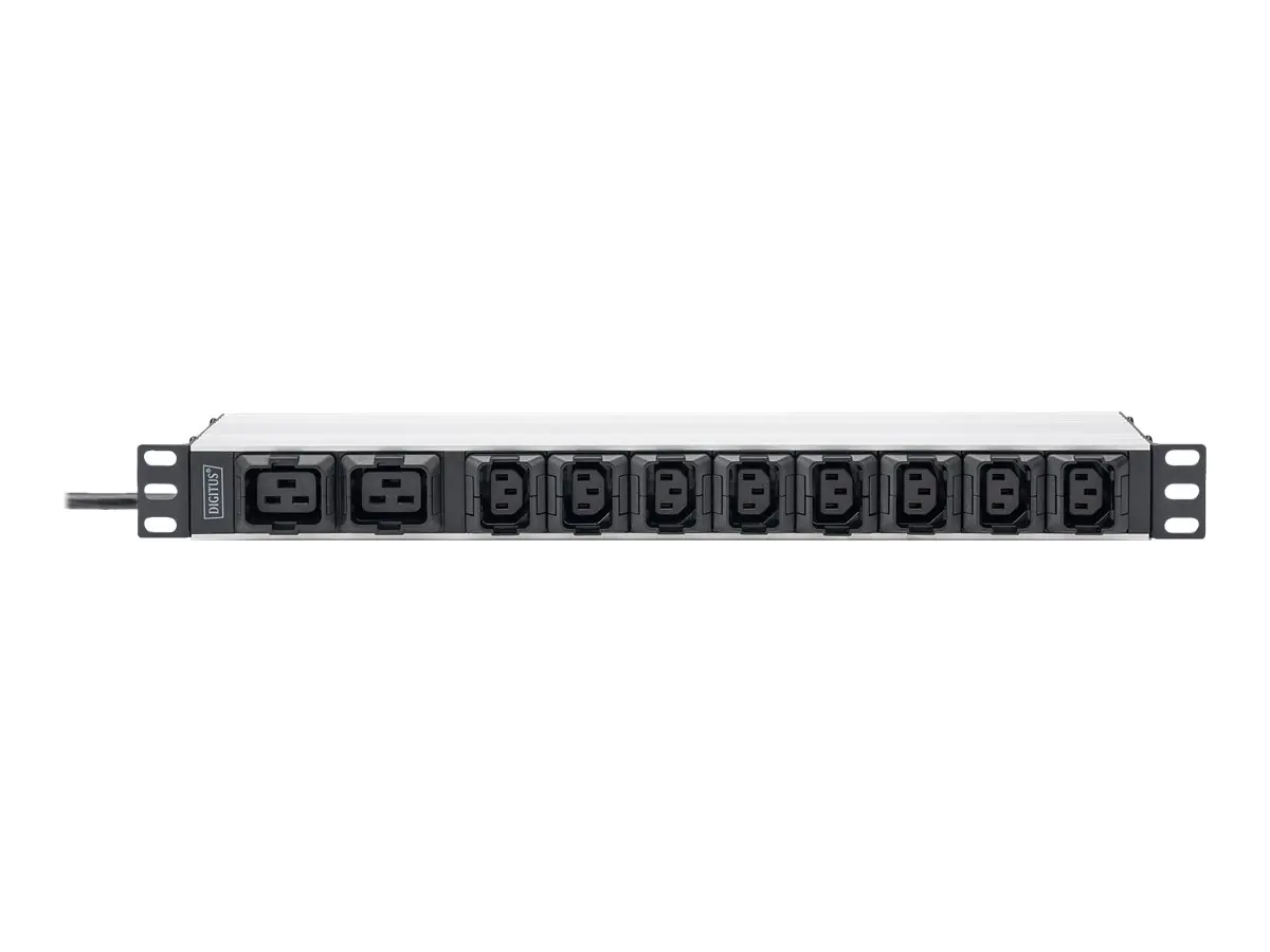 Digitus - Stromverteilungseinheit (Rack - einbaufähig) - Wechselstrom 230 V - 3600 VA - 1-phasig - Eingabe, Eingang IEC 60320 C20 - Ausgangsanschlüsse: 10 (8x IEC 60320 C13, 2 x IEC 60320 C19) - 1U - 48.3 cm (19") - 2 m Schnur