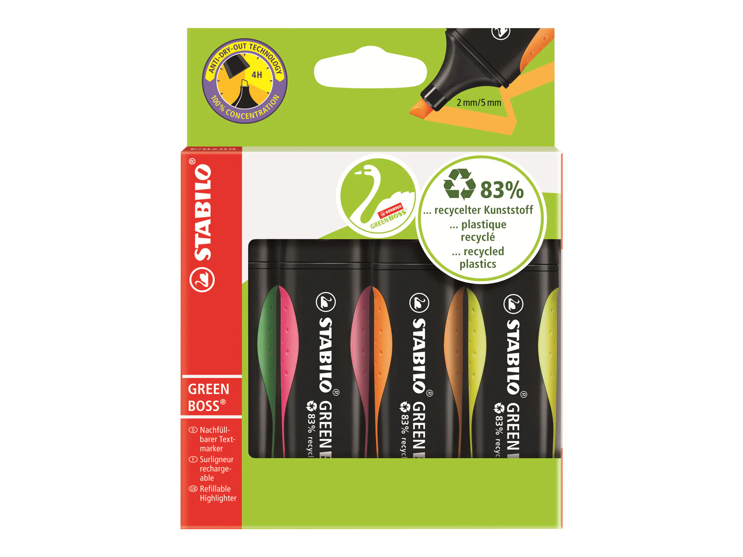 STABILO GREEN BOSS - Textmarker - Grün, Gelb, Orange, rosa - wasserbasierte Tinte - 2-5 mm (Packung mit 4) 6070/4
