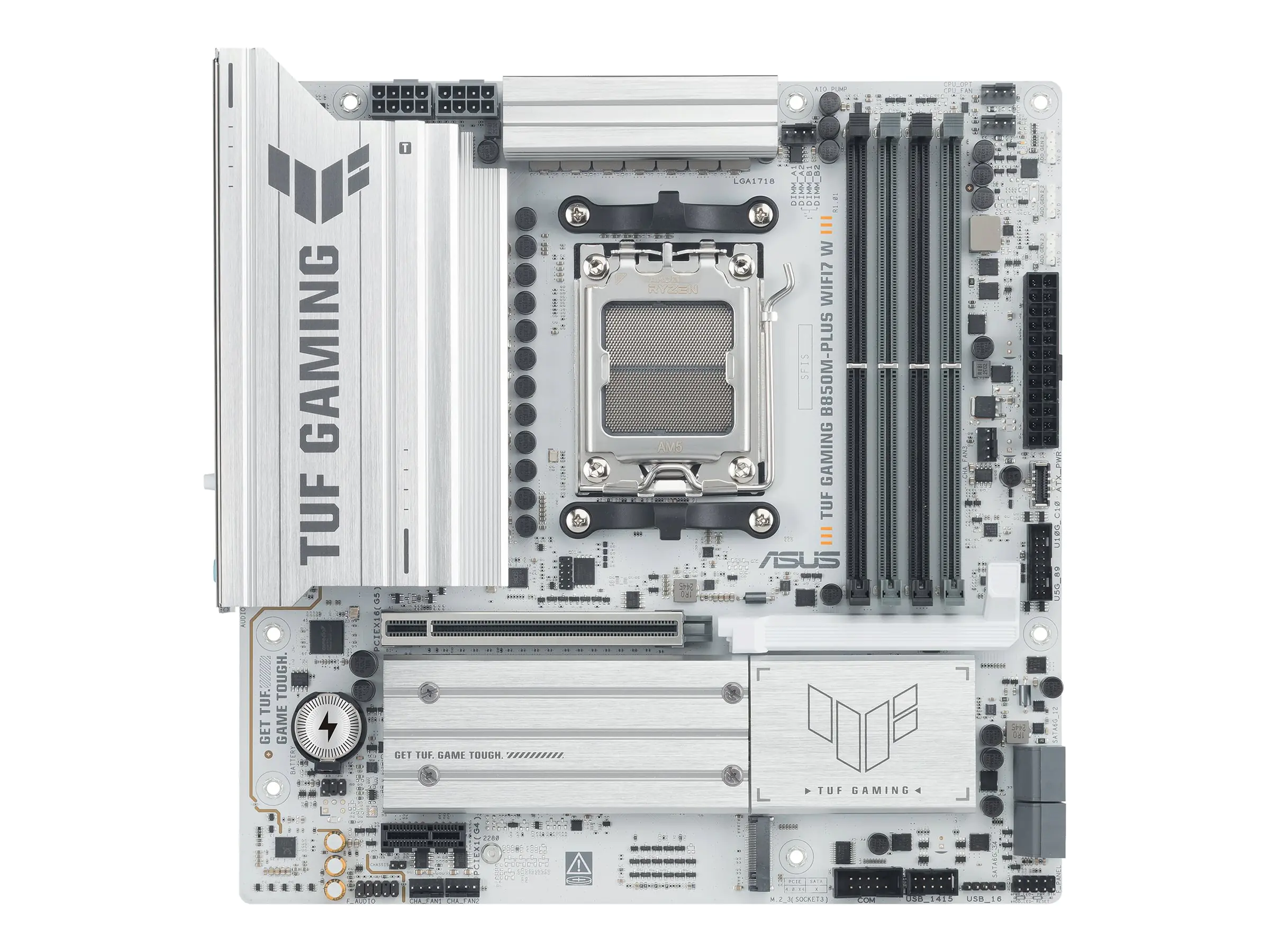ASUS TUF GAMING B850M-PLUS WIFI7 W - Motherboard - micro ATX - Socket AM5 - AMD B850 Chipsatz - USB-C 3.2 Gen 2x2, USB 3.2 Gen 2, USB 3.2 Gen 1, USB-C 3.2 Gen2 - Wi-Fi 7, Bluetooth, 2.5 Gigabit LAN - Onboard-Grafik (CPU erforderlich) - HD Audio (8-Kanal)