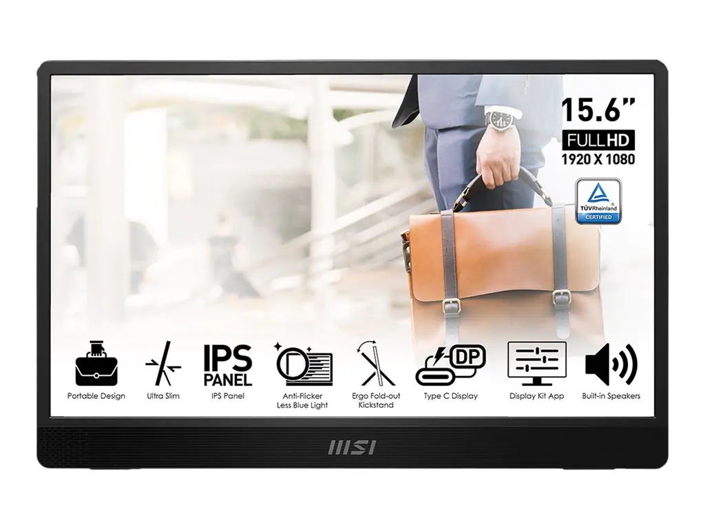 MSI PRO MP161DE - LCD-Monitor - 40.6 cm (16") (15.6" sichtbar) - tragbar - 1920 x 1080 Full HD (1080p) @ 60 Hz - IPS - 250 cd/m² - 600:1 - 4 ms - Mini HDMI, 2xUSB-C - Lautsprecher - Iron Gray