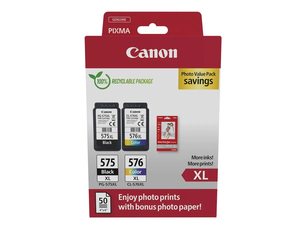 Canon PG-575XL/CL-576XL Photo Paper Value Pack - 2er-Pack - Hohe Ergiebigkeit - Schwarz, Farbe (Cyan, Magenta, Gelb) - original - Hängebox - Tintenpatrone / Papierkit - für PIXMA TR4750i, TR4751i, TR4755i, TS3550i, TS3551i