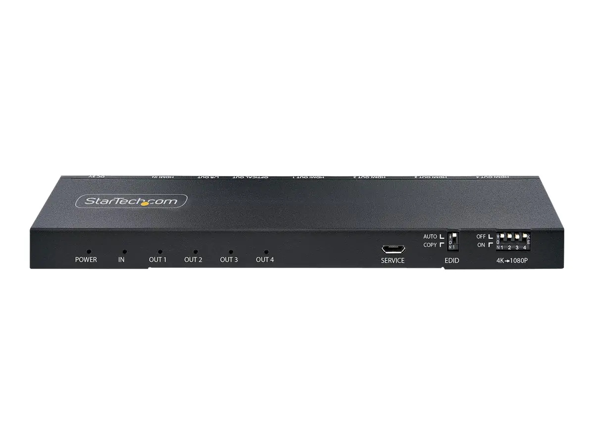 StarTech 4-Port HDMI Splitter, 4K 60Hz HDMI 2.0 Video, 1 In 4 Out HDMI Splitter, 4K HDMI Splitter w/Built-in Scaler, 3.5mm/Optical Audio Port, Durable Metal Housing, HDR/HDCP - 1x4 HDMI Display/Output Splitter (HDMI-SPLITTER-44K60S) - Video-/Audio-Splitte