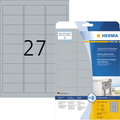 HERMA Typenschildetikett 4222 63,5x29,6 mm silber 675 St./Pack. HERMA Typenschildetikett 4222 63,5x29,6 mm silber 675 St./Pack.