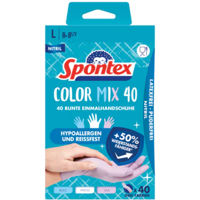Spontex Einweghandschuhe Colormix 8 Nitril blau, weiß, lila 40 St./Pack. Spontex Einweghandschuhe Colormix 8 Nitril blau, weiß, lila 40 St./Pack.