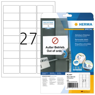 HERMA Etikett 4347 63,5x29,6mm weiß 675 St./Pack. HERMA Etikett 4347 63,5x29,6mm weiß 675 St./Pack.
