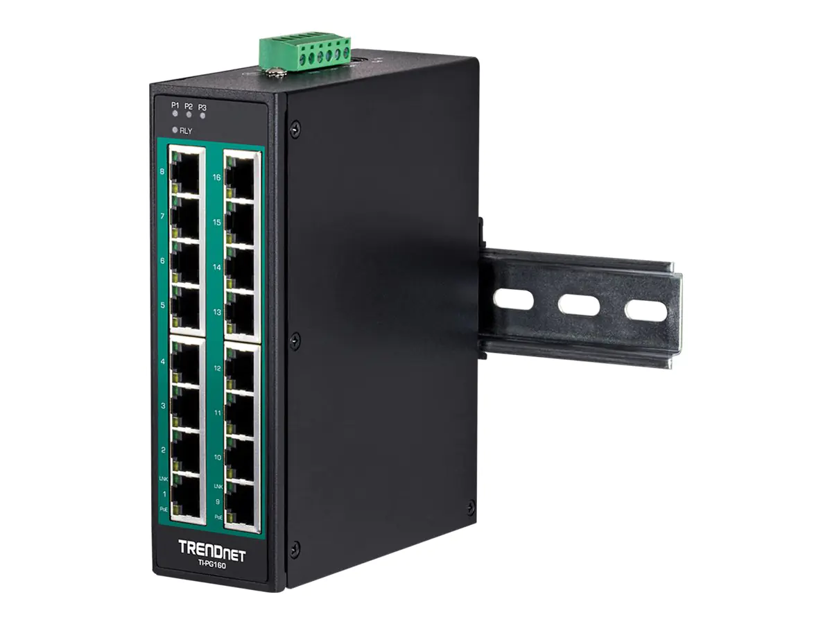 TRENDnet TI-PG160 - Switch - unmanaged - 16 x 10/100/1000 (PoE+) - an DIN-Schiene montierbar, wandmontierbar - PoE+ (240 W) - TAA-konform