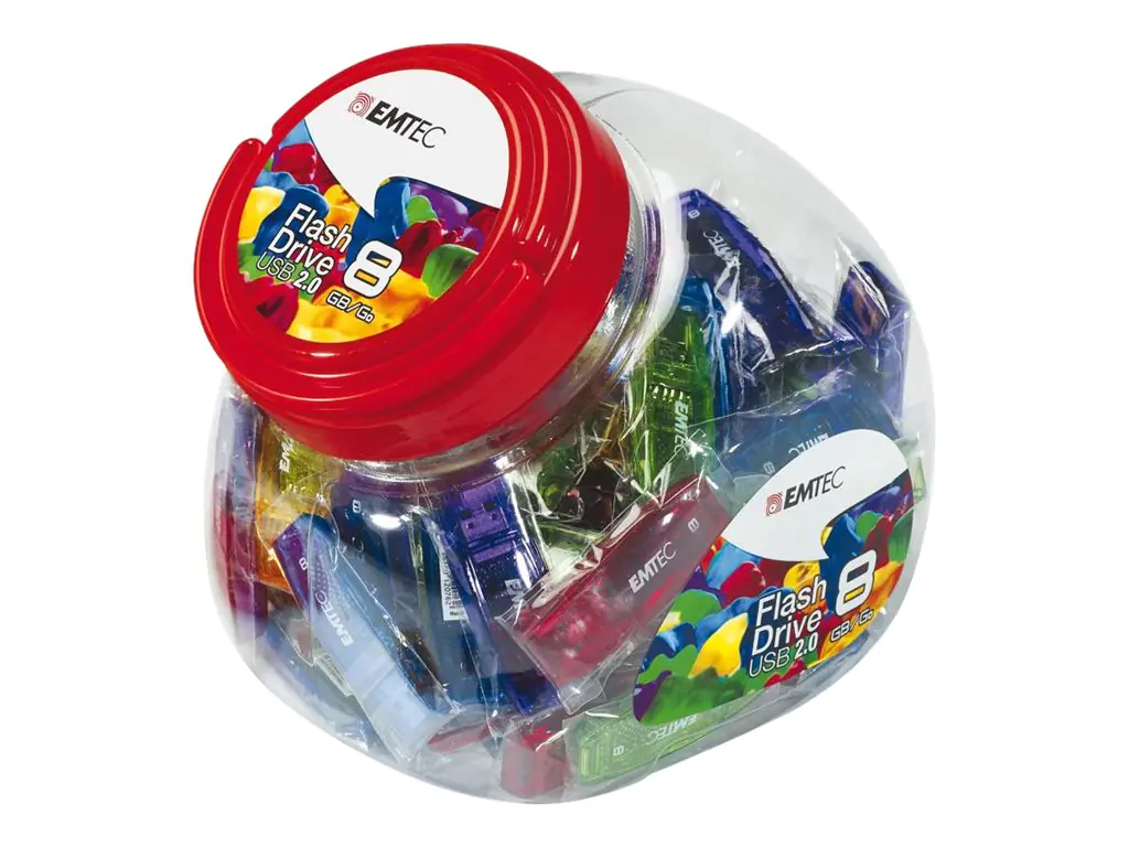 EMTEC C410 Color Mix Candy jar - USB-Flash-Laufwerk - 32 GB - USB 2.0 - Candy Red, Bonbonblau, gelbe Lackierung, Candy Green, Bonbonviolett (Packung mit 80) ECMMD32GC410JAR