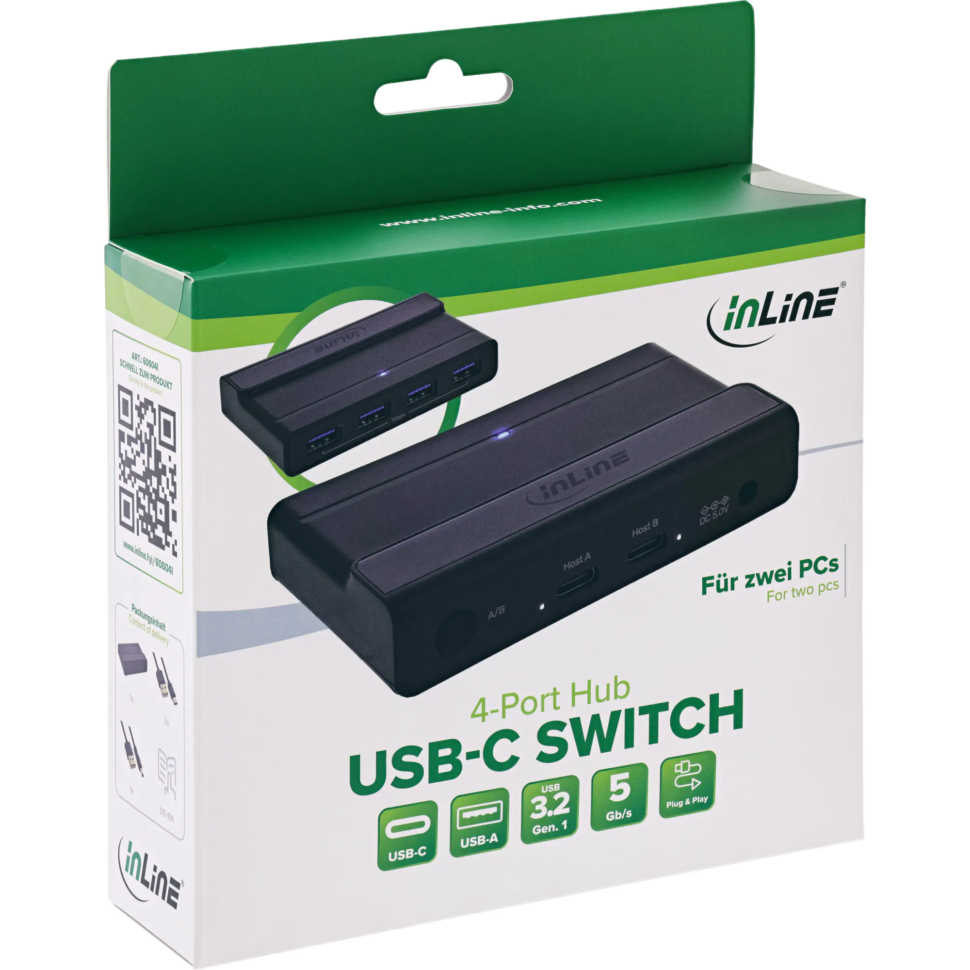 InLine USB-C-Switch - 4x2 - 4 USB 3.2-Geräte für 2 Computer gemeinsam nutzbar 60604I