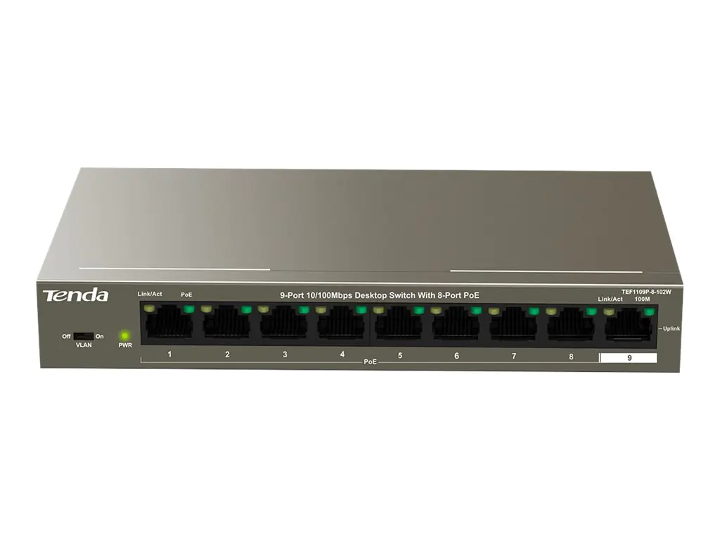 Tenda TEF1109P-8-102W - Switch - unmanaged - 8 x 10/100 (PoE) + 1 x 10/100 (Uplink) - Desktop - PoE (92 W)
