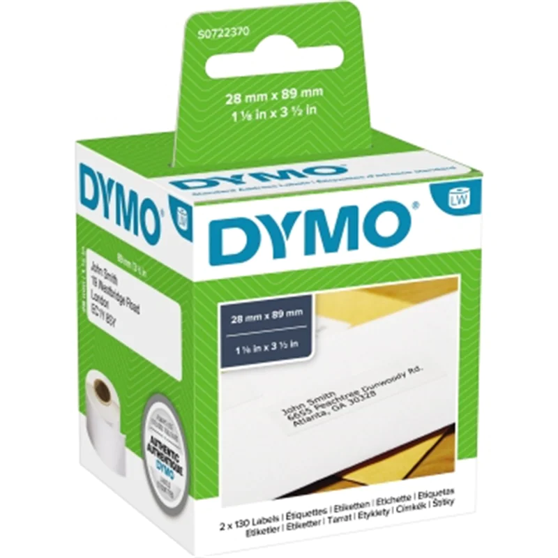 Dymo Original LabelWriter Adressetiketten | 28 mm x 89 mm | schwarz auf weiß | 2 Rollen mit je 130 leicht ablösbaren Etiketten (260 Etiketten) | selbstklebend | für LabelWriter Etikettendrucker, Weiß, Selbstklebendes Druckeretikett, Papier,