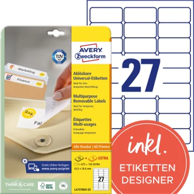 Avery Zweckform Etikett L4737REV-25 63,5x29,6mm weiß 810 St./Pack. Avery Zweckform Etikett L4737REV-25 63,5x29,6mm weiß 810 St./Pack.