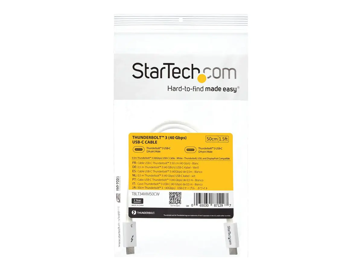 StarTech Thunderbolt 3 Kabel -40Gbit/s - 50cm - Weiß - 4K 60Hz - Passiv - Thunderbolt Kabel - USB Typ C Lader - Thunderbolt-Kabel - USB-C (M) bis USB-C (M) - USB 3.1 Gen 2 / Thunderbolt 3 / DisplayPort 1.2 - 50 cm - 4K Unterstützung - weiß - für P/N: CDP2