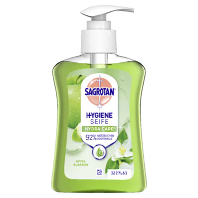 Sagrotan Flüssigseife HYDRA CARE Grüner Apfel & Jasmin dermatologisch getestet Ausführung des Behälters: Pumpflasche Material des Behälters: Kunststoff 0,25l Sagrotan Flüssigseife HYDRA CARE Grüner Apfel & Jasmin dermatologisch getestet Ausführung des Behälters: Pumpflasche Material des Behälters: Kunststoff 0,25l