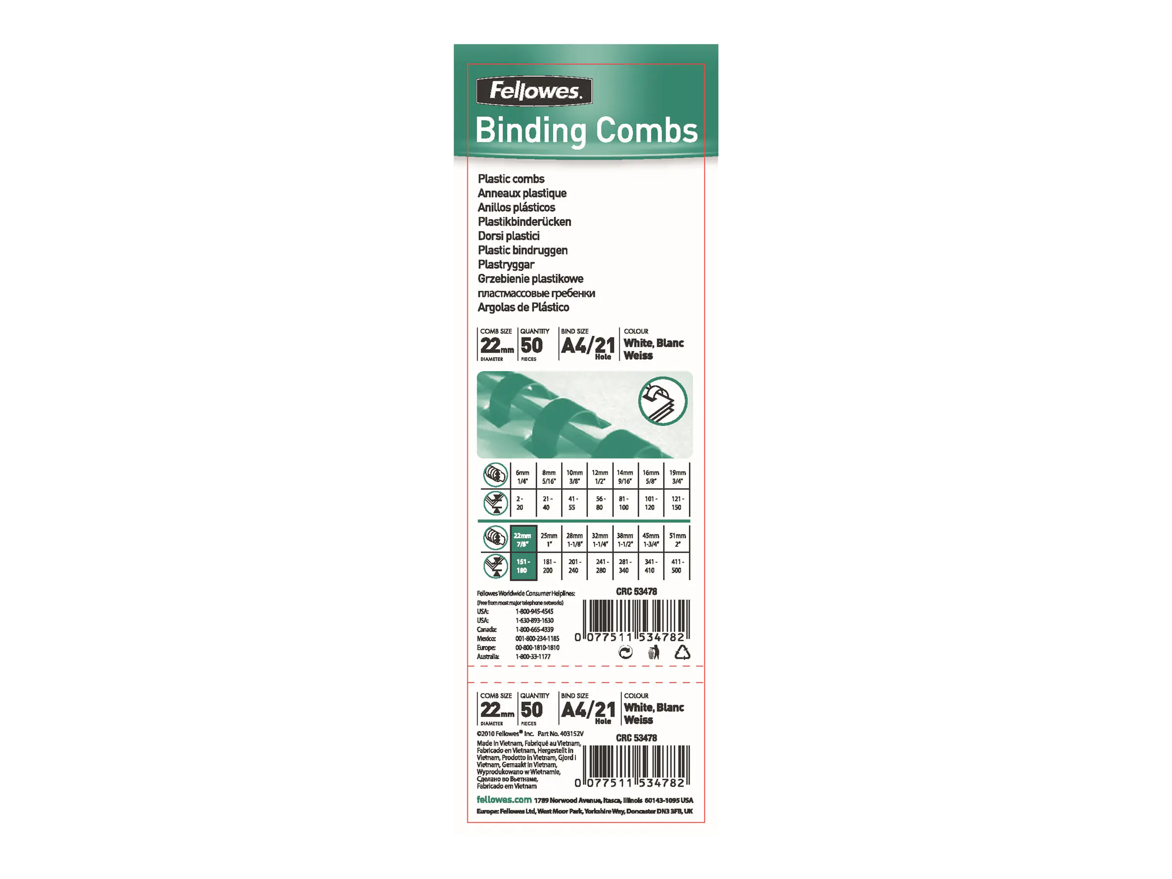 Fellowes Plastikbinderücken 5347803 DIN A4 22mm weiß 50 St./Pack.