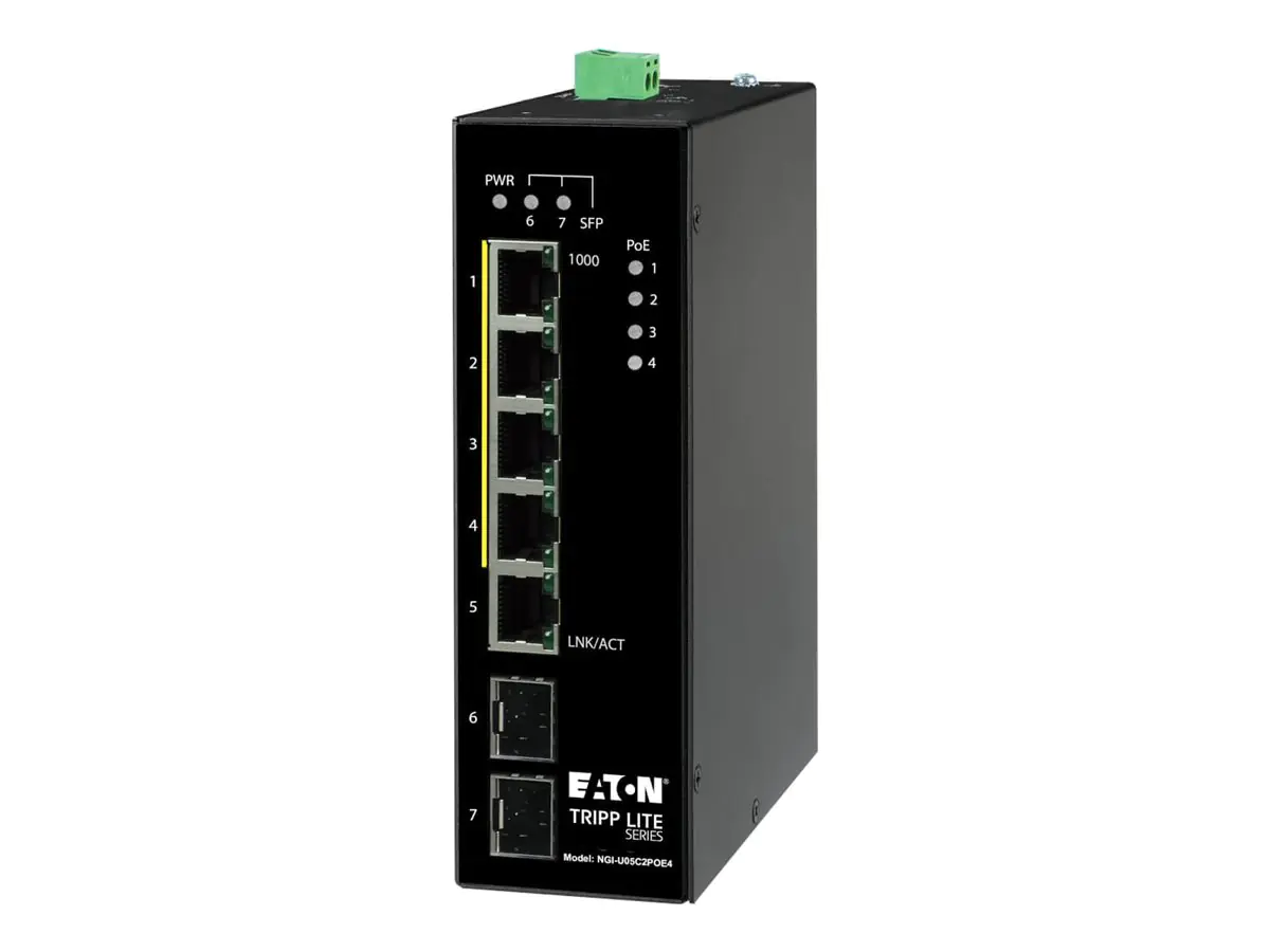 Eaton Tripp Lite series Unmanaged Industrial Gigabit Ethernet Switch 5-Port - 10/100/1000 Mbps, PoE+ 30W, 2 GbE SFP Slots, DIN Mount - Switch - unmanaged - 4 x 10/100/1000 (PoE+) NGI-U05C2POE4