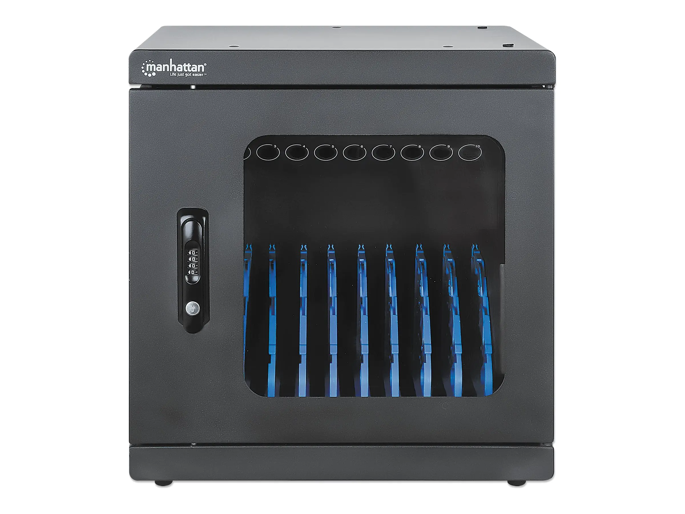 Manhattan Charging Cabinet/Cart via AC Adapter (EU) x10 Devices, Desktop/Wall, Using supplied AC Adapter (power cables) included with device, Suitable for iPads/other tablets/phones/laptops (up to 15.6"), Bays 400x29x282mm, Wall Mountable, Stackable,