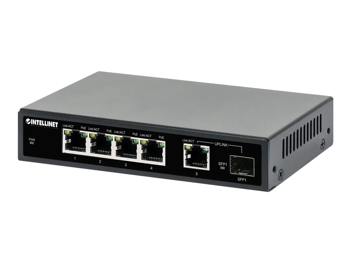 Intellinet - Switch - 4 x 10/100/1000 (PoE+) + 1 x Combo Gigabit SFP/RJ-45 (Uplink) - Desktop - PoE+ (91 W)