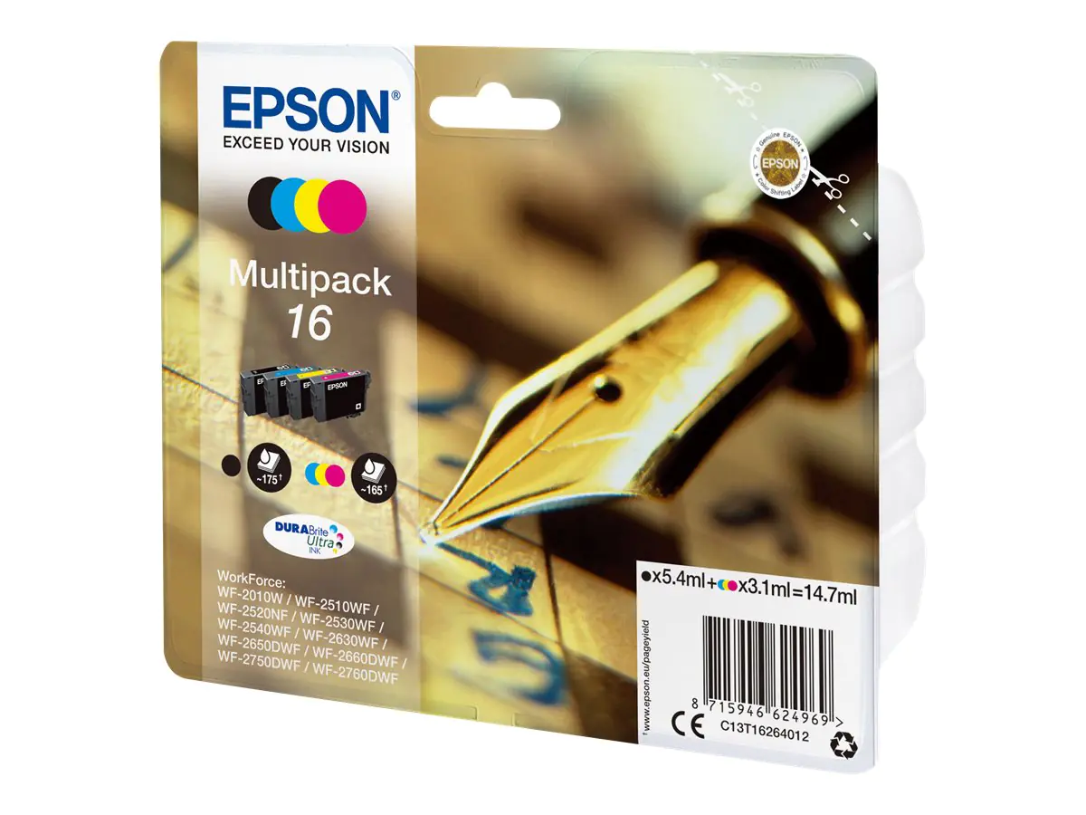 Epson 16 Multipack - 4er-Pack - Schwarz, Gelb, Cyan, Magenta - Original - Blister mit RF- / aktustischem Alarmsignal - Tintenpatrone - für WorkForce WF-2010, 2510, 2520, 2530, 2540, 2630, 2650, 2660, 2750, 2760
